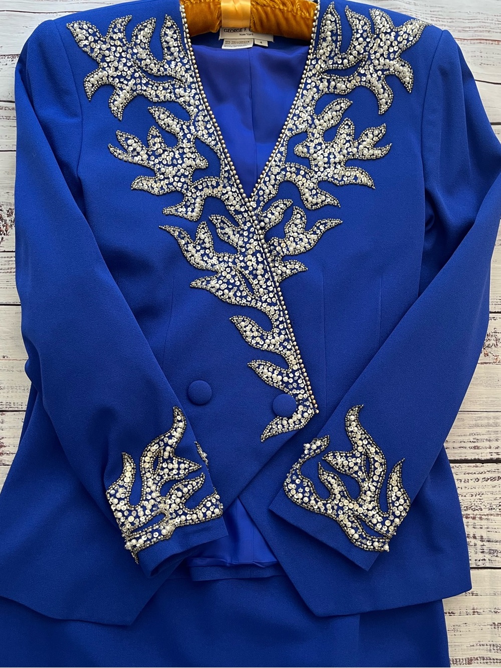 80s 90s vintage George F. Couture royal blue two-piece skirt suite set blazer
